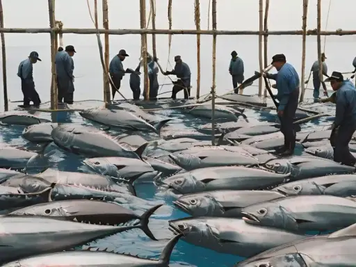 Uomini in piedi nell'acqua gestiscono un grande allevamento di tonni.