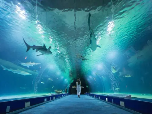 Tunnel sottomarino nell'Oceanogràfic di Valencia, con squali e altri animali marini che nuotano sopra una donna.