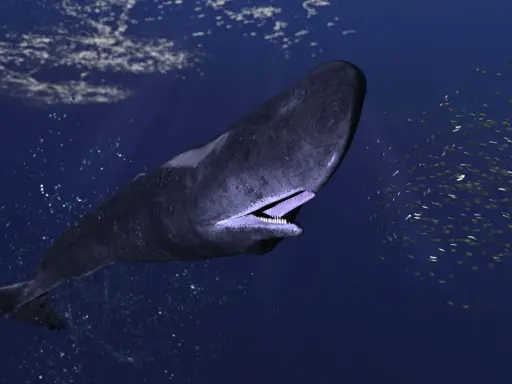 Un capodoglio più grande del mondo nuota nell'oceano blu, circondato da un banco di pesci scintillanti.