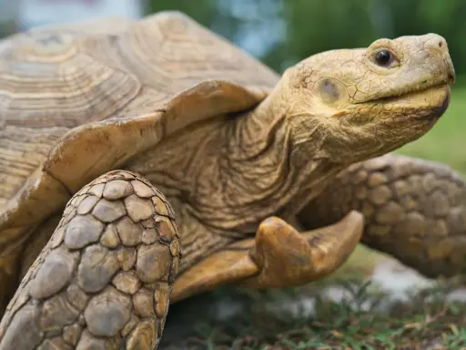 Close-up of a tortoise's head and shell, showing its textured skin and patterned carapace.