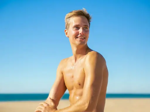 Giovane uomo sorridente sulla spiaggia, con la pelle dorata come se con l'autoabbronzante potesse prendere il sole senza rischi.
