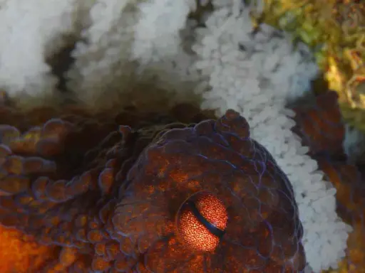 Occhio di un polpo che protegge le sue uova. La madre veglia sul futuro della sua specie.