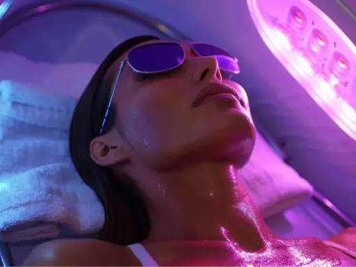 Donna con occhiali da sole si gode l'abbronzatura da lampada, illuminata da luci viola e blu.
