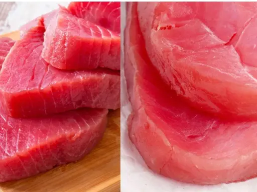 Fette di tonno pinna gialla mediterraneo, fresche e succulente, pronte per essere gustate.