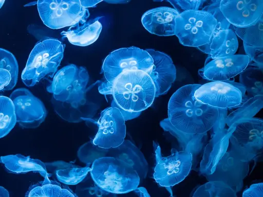 Un banco di meduse luminose fluttua nell'oscurità. Sorprendentemente, la medusa ha il cervello, un centro di controllo per il suo movimento etereo.