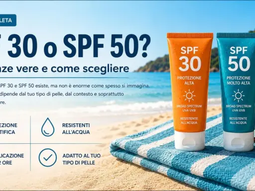 Due tubetti di crema solare SPF 30 e SPF 50 sulla spiaggia. Ricorda di mettere la crema solare tutti i giorni per proteggere la tua pelle.