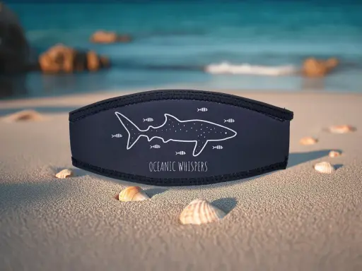 Fascia blu con disegno di squalo e pesci, "Oceanic Whispers". Potrebbe essere un repellente per squali per un'esperienza marina serena.