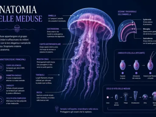 Medusa con numerosi tentacoli che usa per cacciare. L'anatomia mostra quanti tentacoli ha la medusa e le sue parti.