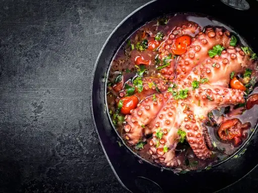 Polpo alla luciana in padella, con pomodorini e prezzemolo. Un piatto succulento e profumato, pronto per essere gustato.