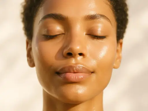 Viso di donna con pelle luminosa e occhi chiusi. La luce del sole esalta i riflessi, ma non mi abbronzo più come una volta.