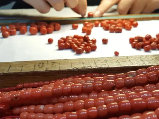 Mani che selezionano perle di corallo rosso, un processo che ricorda come si pulisce il corallo per creare gioielli.