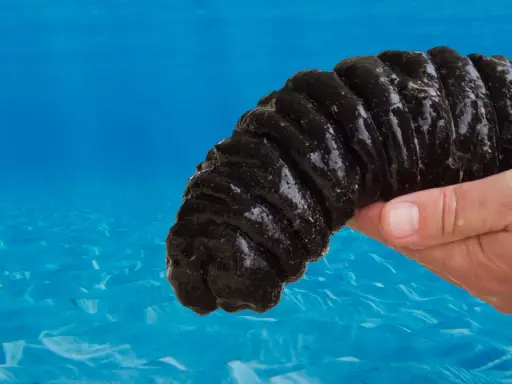 Mano tiene un cetriolo di mare scuro, pronto per essere cucinato. I cetrioli di mare si mangiano in molte culture.