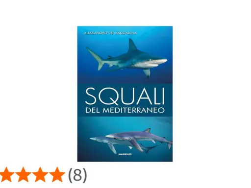 Copertina libro "Squali del Mediterraneo" con immagini di squali non pericolosi.