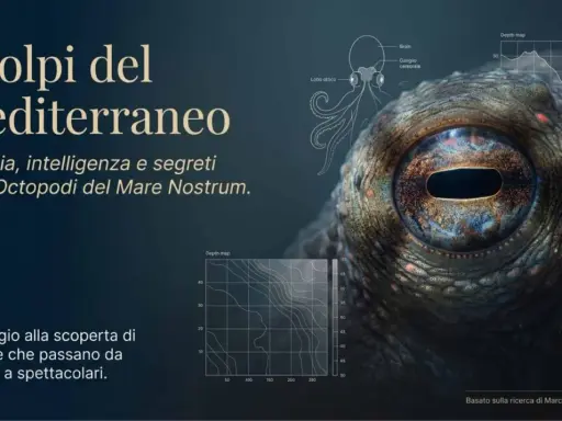 Occhio di polpo del Mediterraneo, con diagrammi di anatomia e profondità. Un viaggio alla scoperta dei polipi marini.