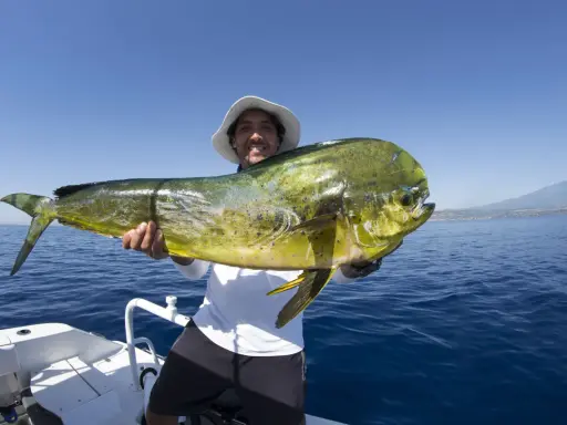 Un pescatore sorridente mostra un grande lampuga, un esempio di cosa si pesca in Sicilia, con il mare blu e una costa all'orizzonte.