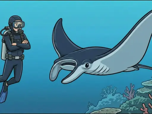 Subacqueo osserva una manta, uno dei magnifici animali dell'oceano, nuotare tra coralli colorati.