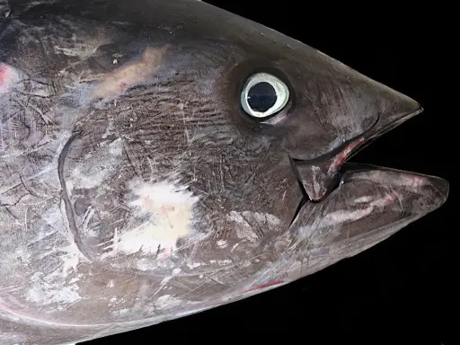 Primo piano di un tonno, un pesce che vive negli oceani, con la bocca aperta e l'occhio visibile.