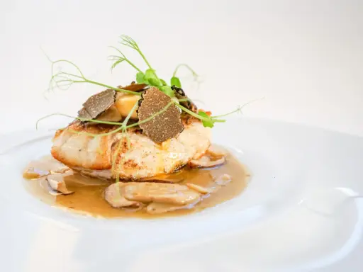 Un succulento mero pescado, guarnito con tartufo e germogli freschi, adagiato su un letto di funghi e salsa cremosa.
