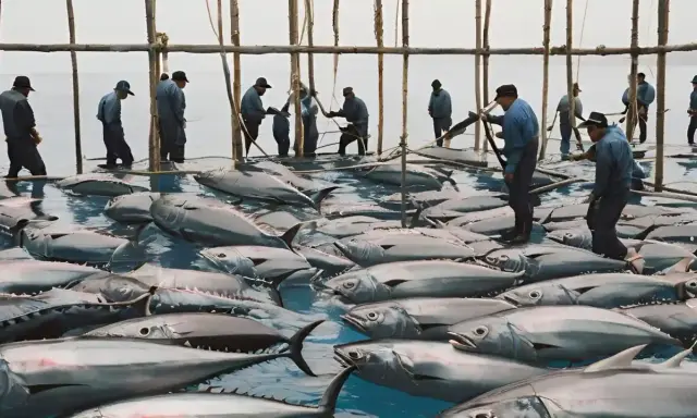 Uomini in piedi nell'acqua gestiscono un grande allevamento di tonni.