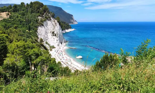 Le splendide spiagge del Conero, con la loro sabbia bianca e il mare cristallino, incorniciate da scogliere a picco e vegetazione lussureggiante.