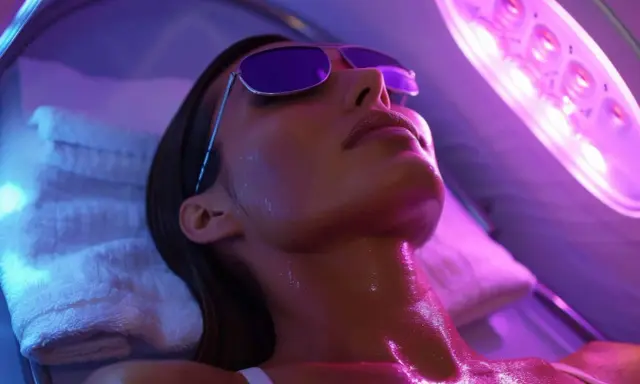 Donna con occhiali da sole si gode l'abbronzatura da lampada, illuminata da luci viola e blu.