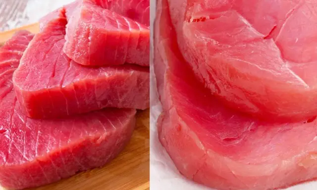 Fette di tonno pinna gialla mediterraneo, fresche e succulente, pronte per essere gustate.