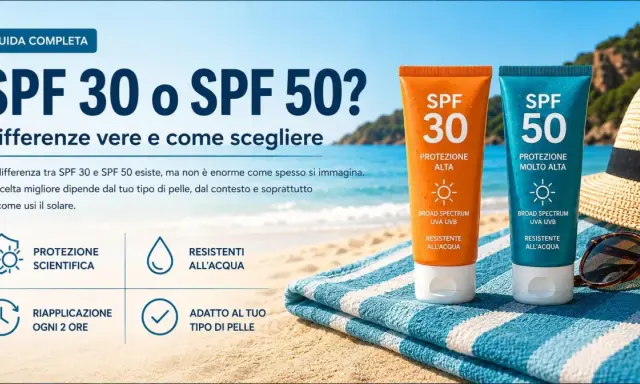 Due tubetti di crema solare SPF 30 e SPF 50 sulla spiaggia. Ricorda di mettere la crema solare tutti i giorni per proteggere la tua pelle.