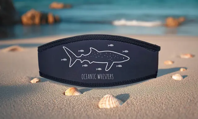Fascia blu con disegno di squalo e pesci, "Oceanic Whispers". Potrebbe essere un repellente per squali per un'esperienza marina serena.