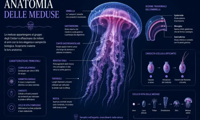 Medusa con numerosi tentacoli che usa per cacciare. L'anatomia mostra quanti tentacoli ha la medusa e le sue parti.