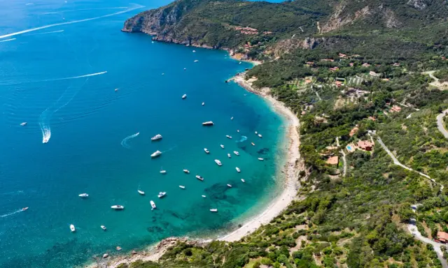 Baia incantevole con mare bello toscana, acque cristalline e barche che navigano. La costa è verdeggiante, con ville sparse tra gli alberi.