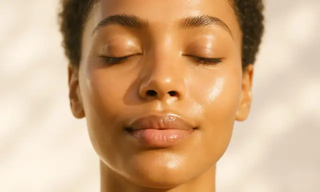 Viso di donna con pelle luminosa e occhi chiusi. La luce del sole esalta i riflessi, ma non mi abbronzo più come una volta.