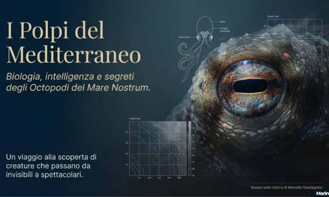 Occhio di polpo del Mediterraneo, con diagrammi di anatomia e profondità. Un viaggio alla scoperta dei polipi marini.