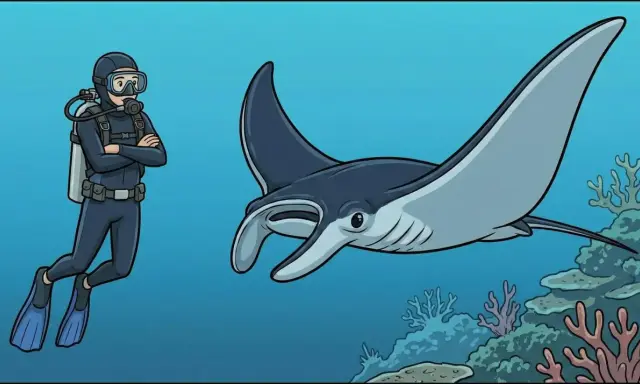 Subacqueo osserva una manta, uno dei magnifici animali dell'oceano, nuotare tra coralli colorati.