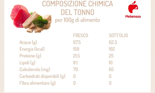 Composizione chimica del tonno: scopri le proprietà nutrizionali del tonno fresco e sott'olio per 100g.