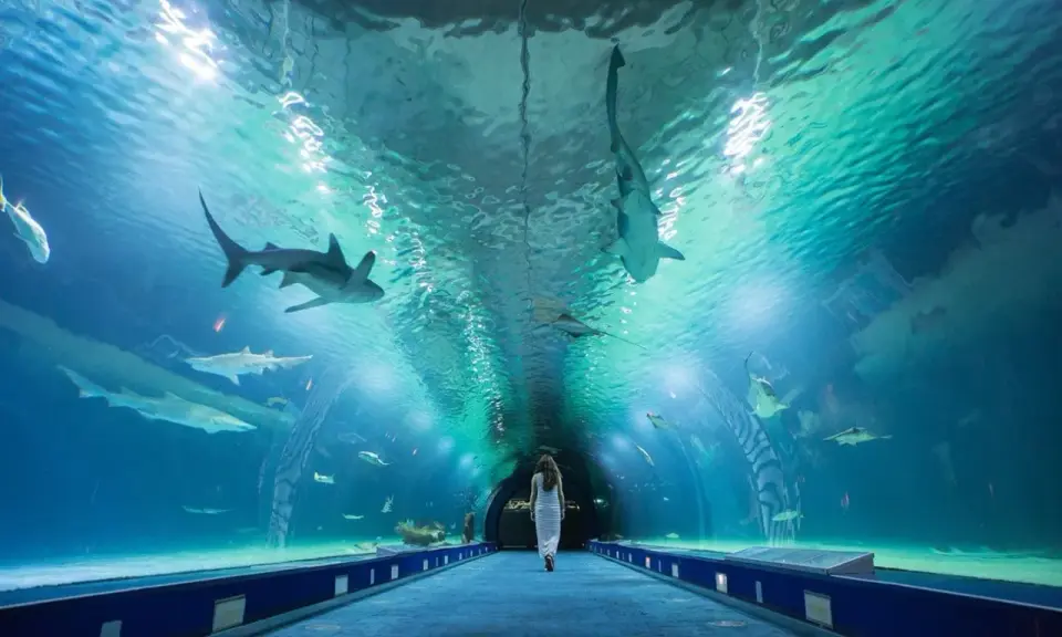 Tunnel sottomarino nell'Oceanogràfic di Valencia, con squali e altri animali marini che nuotano sopra una donna.