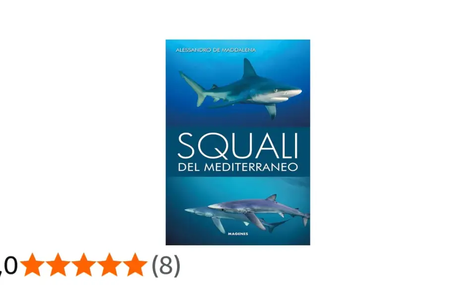 Copertina libro "Squali del Mediterraneo" con immagini di squali non pericolosi.