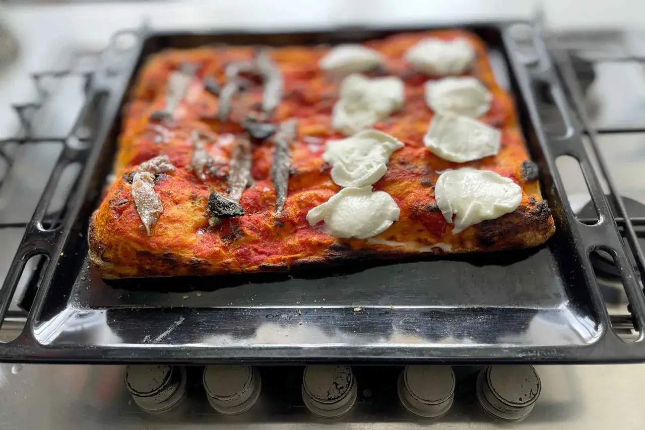 Pizza fatta in casa con pomodoro, acciughe e mozzarella appena sfornata su una teglia.