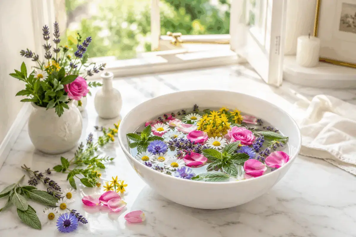 Un rituale estivo: come si prepara l'acqua di San Giovanni con fiori freschi, erbe aromatiche e petali galleggianti in una ciotola d'acqua.