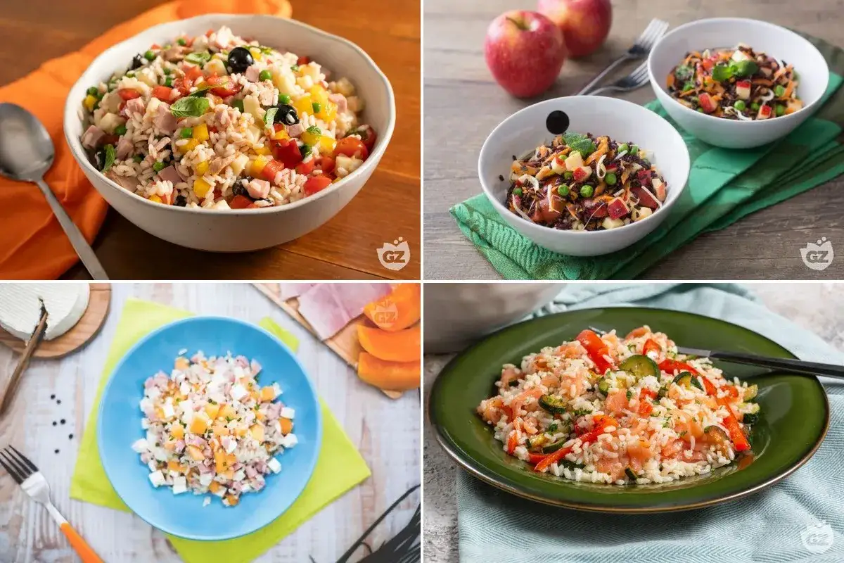 Quattro insalate di riso colorate e gustose, perfette per chi cerca ricette senza glutine facili e veloci.