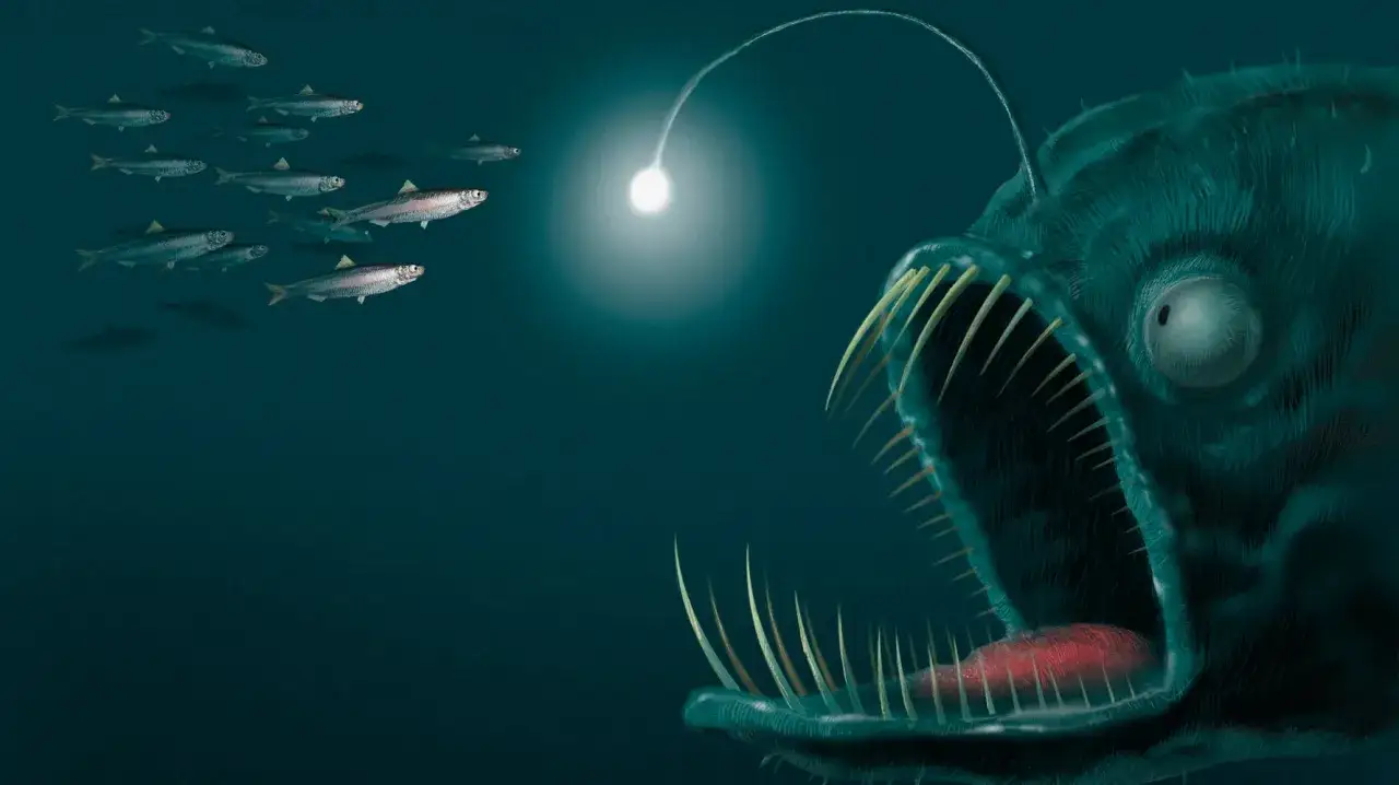 Un terrificante pesce ascia con fauci spalancate e denti aguzzi attira un banco di pesciolini con la sua esca luminosa nelle profondità oscure.