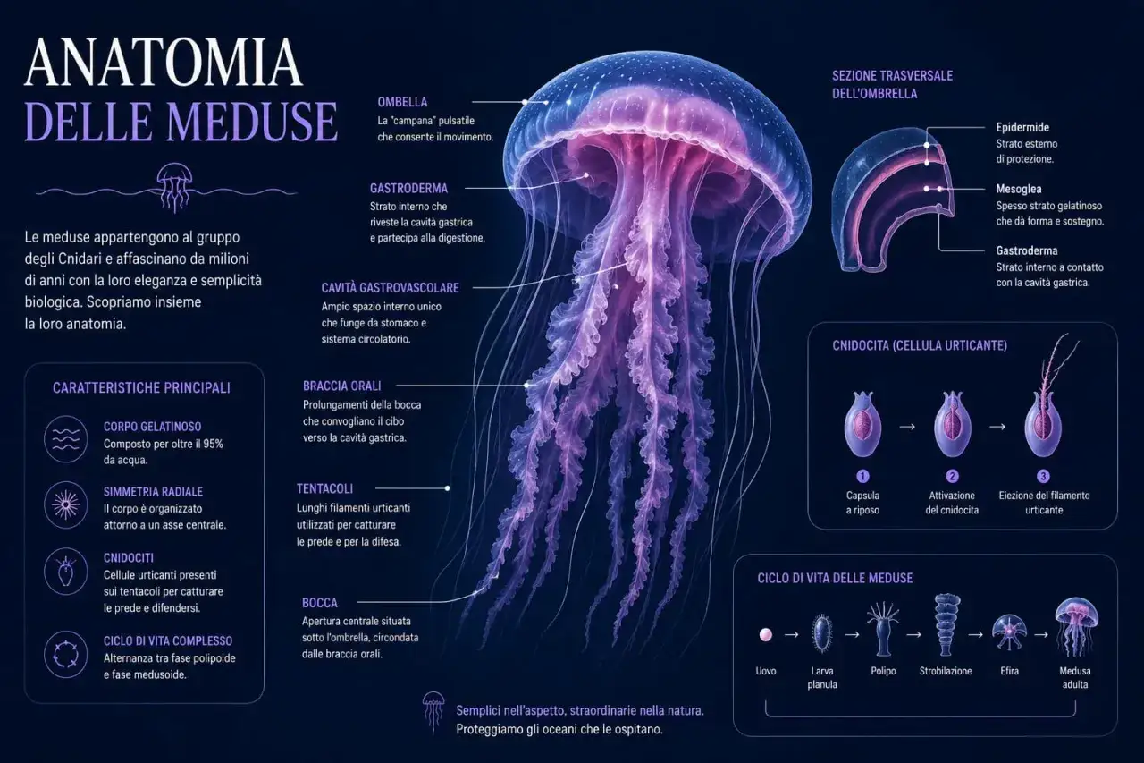 Anatomia di una medusa: la sua struttura, come caccia e il suo ciclo vitale, che risponde alla domanda quanto vive una medusa.