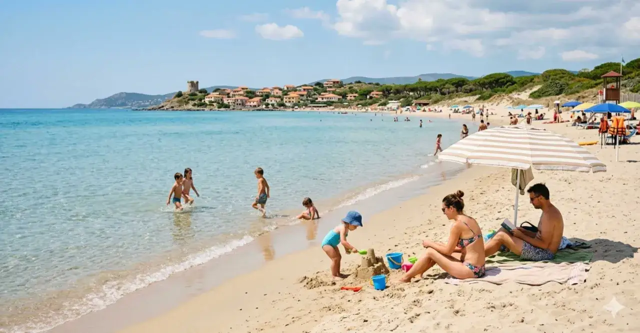 Bambini giocano sulla sabbia e nell'acqua cristallina di una spiaggia per bambini, con una famiglia che si rilassa sotto un ombrellone.