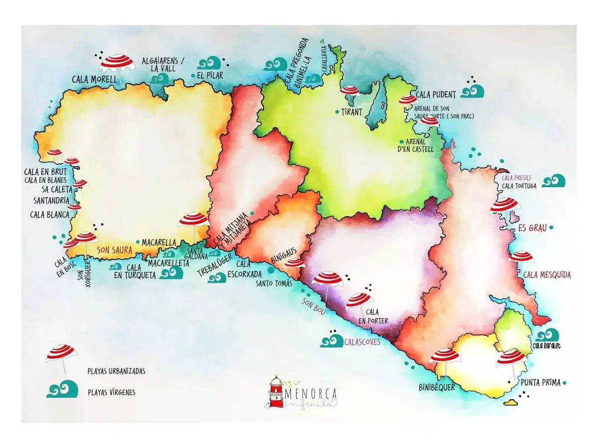 Mappa illustrata di Minorca con i suoi splendidi villaggi e spiagge, tra cui Cala Morell, Son Bou e Punta Prima.