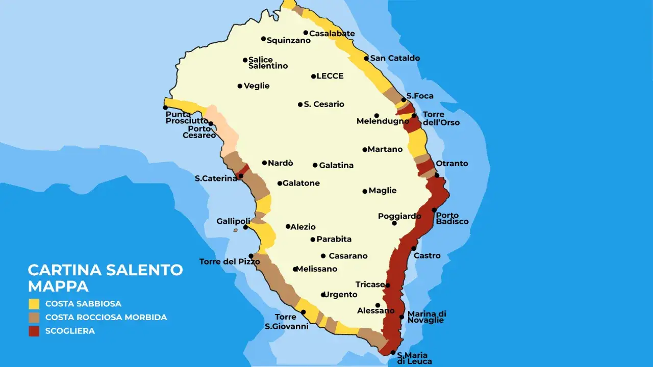 Mappa del Salento che indica dove andare al mare: costa sabbiosa, rocciosa e scogliera. Ideale per pianificare la tua vacanza in Puglia.