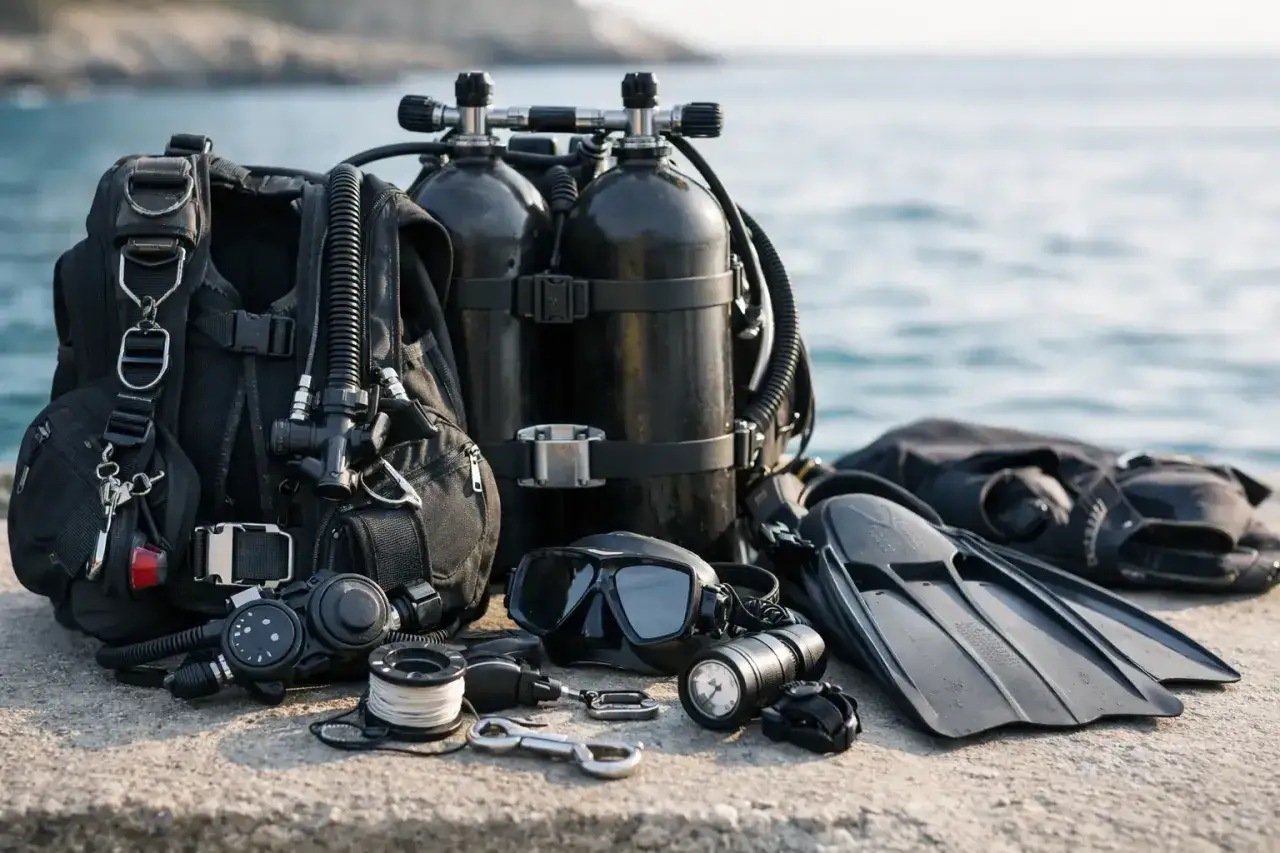 Attrezzatura completa per immersione sportiva: bombole, muta, maschera, pinne e computer subacqueo pronti per l'avventura.