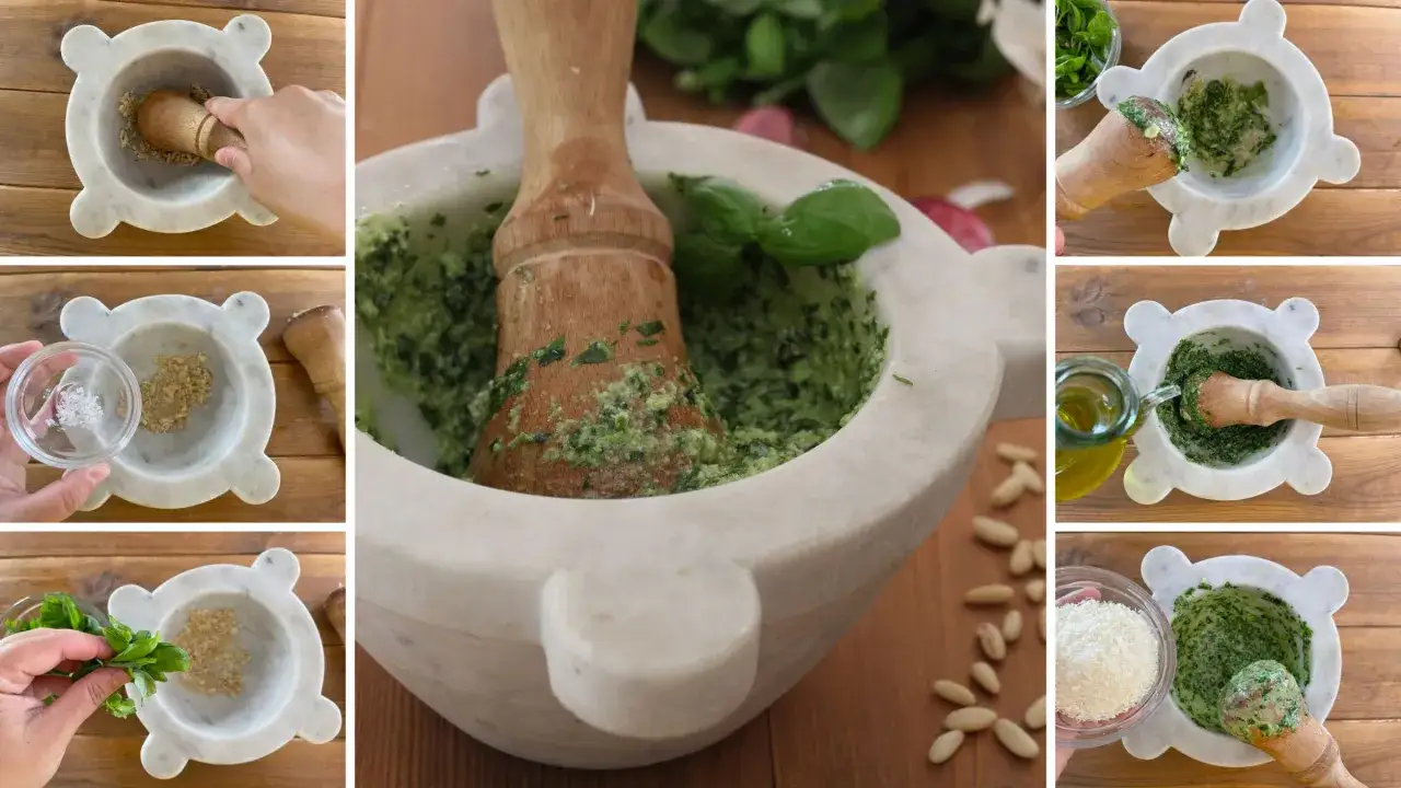 Preparazione del pesto alla genovese con mortaio e pestello: basilico, aglio, pinoli, olio, parmigiano e sale.