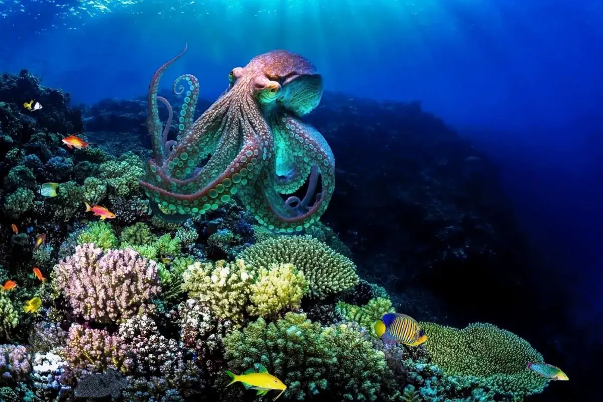 Un maestoso polipo animale si erge su un colorato reef corallino, circondato da pesci tropicali che nuotano tra le rocce.